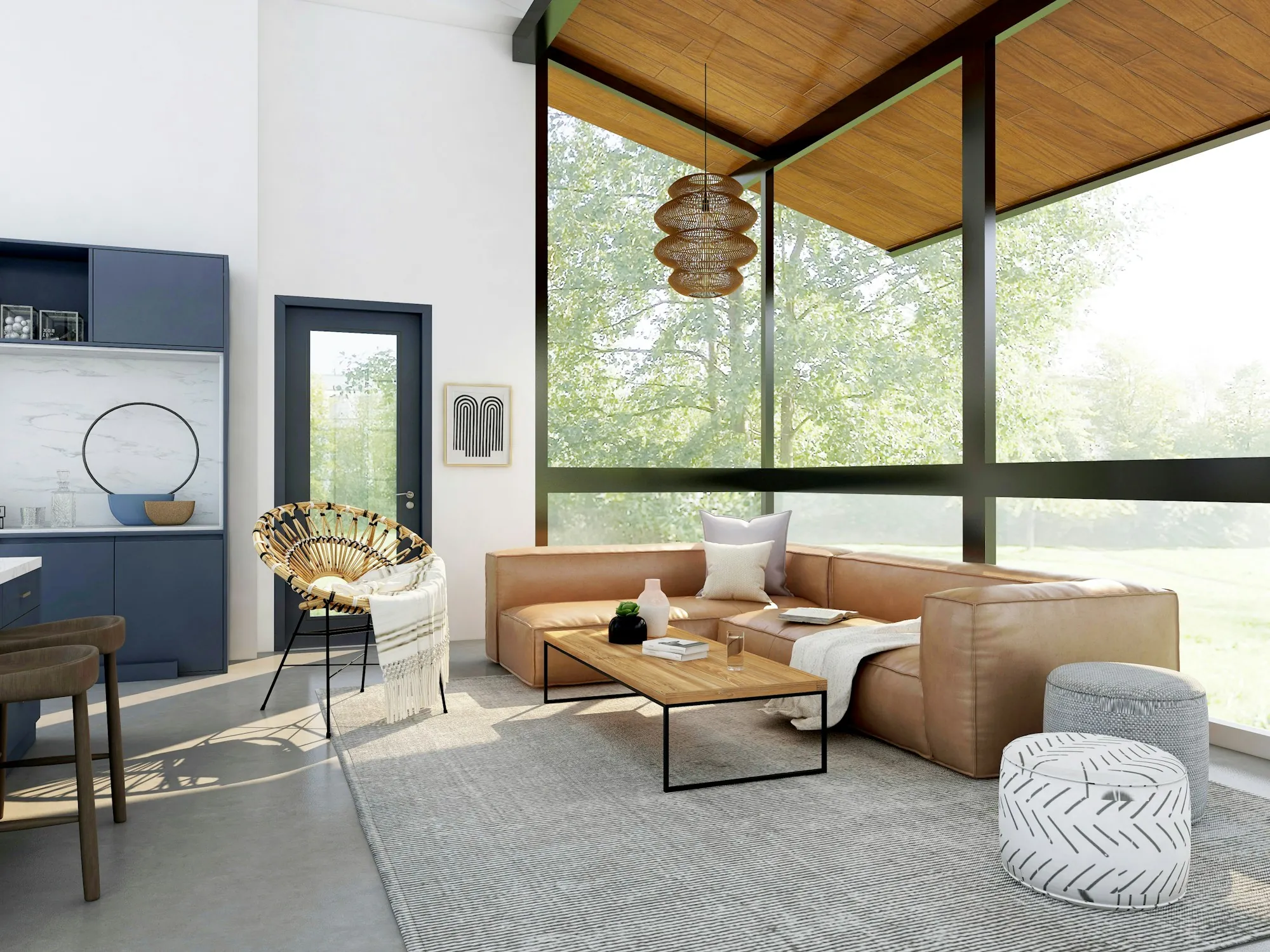 Living area with a leather sectional and floor-to-ceiling windows beside a navy built-in bar