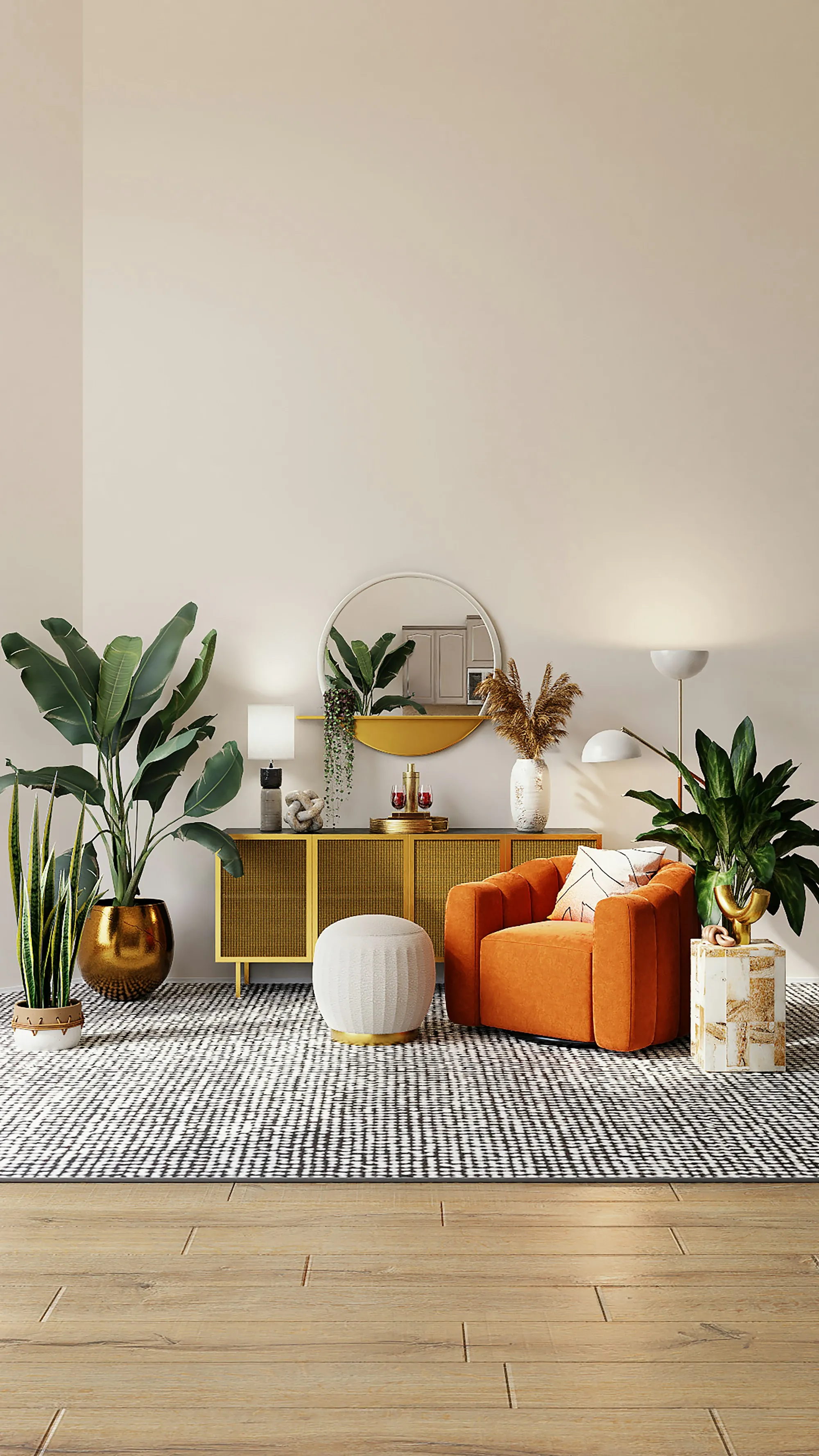 Living room corner with an orange armchair, a gold sideboard and potted plants
